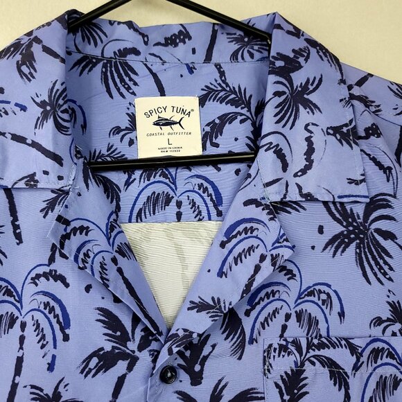 Spicy Tuna Coastal Outfitter Mens Hawaiian Button-Up Shirt Blue Black Palm Large - Picture 2 of 7